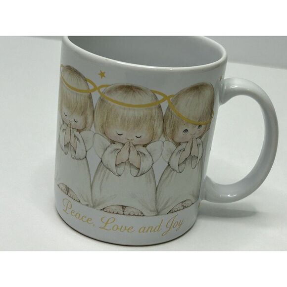 PEACE LOVE JOY Praying Angels Coffee Mug Cup Christmas White + Gold Color VTG - Picture 4 of 10